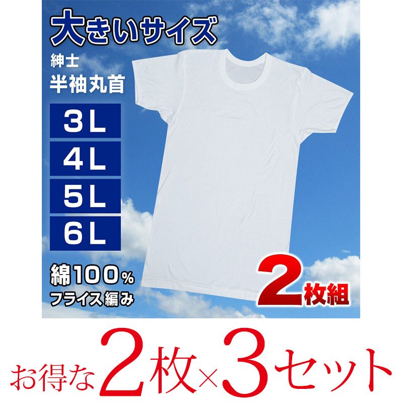 インナー メンズ 半袖 大きいサイズ 肌着 綿100% クルーネック 2枚組×3セット 3L~6L (下着 シャツ 男性 丸首 白 無地 tシャツ インナーウェア アンダーウェア 3l 4l 5l 6l)