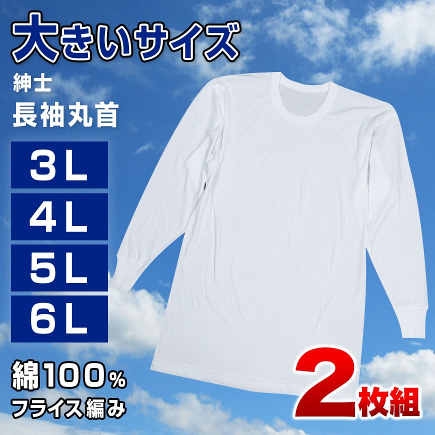 インナー メンズ 長袖 大きいサイズ 肌着 綿100% 2枚組 3L～6L (下着 シャツ 男性 白 無地 tシャツ インナーウェア アンダーウェア 3l 4l 5l 6l)