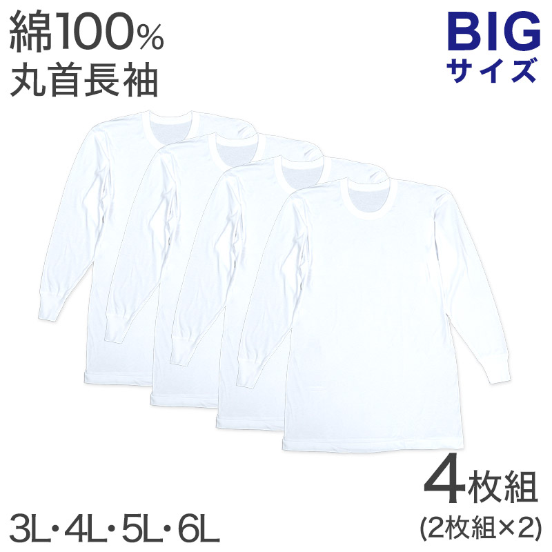 綿100％ 長袖 丸首 シャツ 2枚組 フライス 3L 4L 5L 6L メンズ 肌着 下着 アンダーウェア インナー 白シャツ 白 ホワイト 無地 大きいサイズ コットン 3l 4l 5l 6l