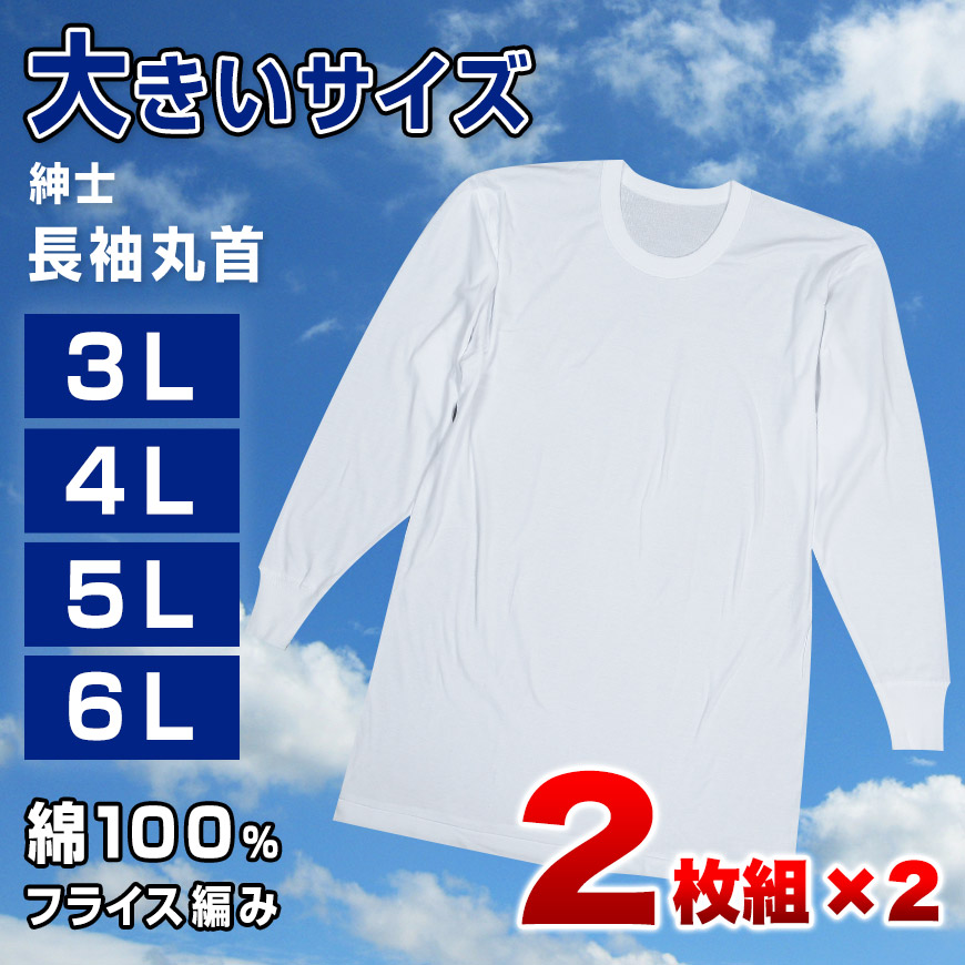 綿100％ 長袖 丸首 シャツ 2枚組 フライス 3L 4L 5L 6L メンズ 肌着 下着 アンダーウェア インナー 白シャツ 白 ホワイト 無地 大きいサイズ コットン 3l 4l 5l 6l