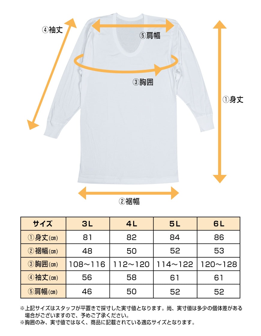 綿100％ 長袖 U首 メンズ 2枚組 3L～6L (下着 大きいサイズ 3l 4l 5l 6l 綿 コットン インナー シャツ 白)