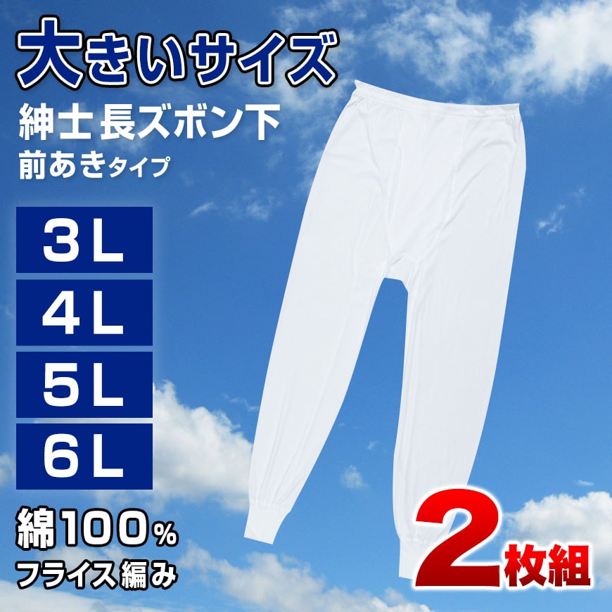 インナー メンズ 長ズボン下 ボトム 大きいサイズ 肌着 綿100% 2枚組 3L～6L (下着 男性 白 無地 3l 4l 5l 6l)