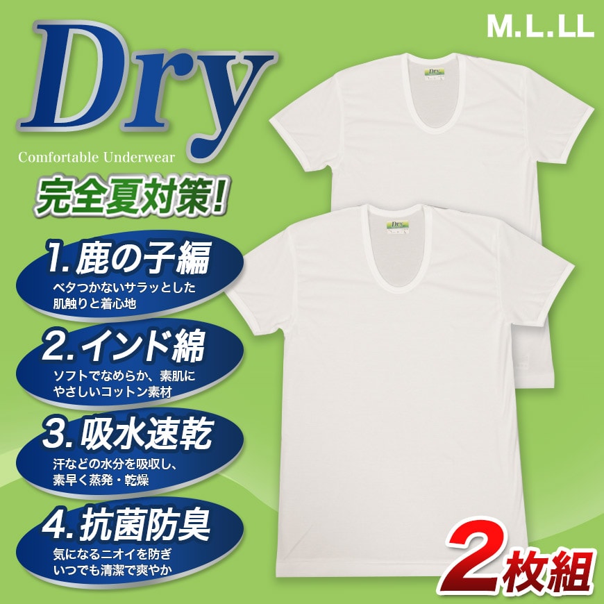 Tシャツ メンズ 半袖U首シャツ インナー 2枚組 M～LL (男性 紳士 肌着 半袖 ｔシャツ Uネック インナーウェアー 夏 吸水速乾 吸汗速乾 抗菌防臭 鹿の子編み M L LL) (在庫限り)