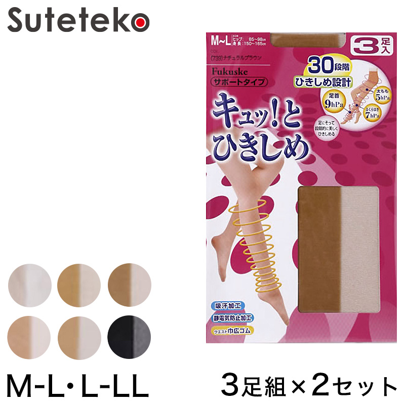 キュッとひきしめ サポートタイプ パンティストッキング 3足組×2セット M-L・L-LL (6足セット レディース 着圧 ストッキング パンスト 静電気防止 吸汗 まとめ買い セット) (婦人靴下) (在庫限り)