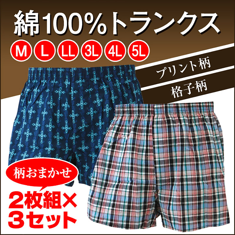 メンズ トランクス パンツ 綿100% 大きいサイズ 2枚組×3セット M～5L (下着 肌着 紳士 男性 インナー インナーウェアー 大きい まとめ買い RealLife) (在庫限り)