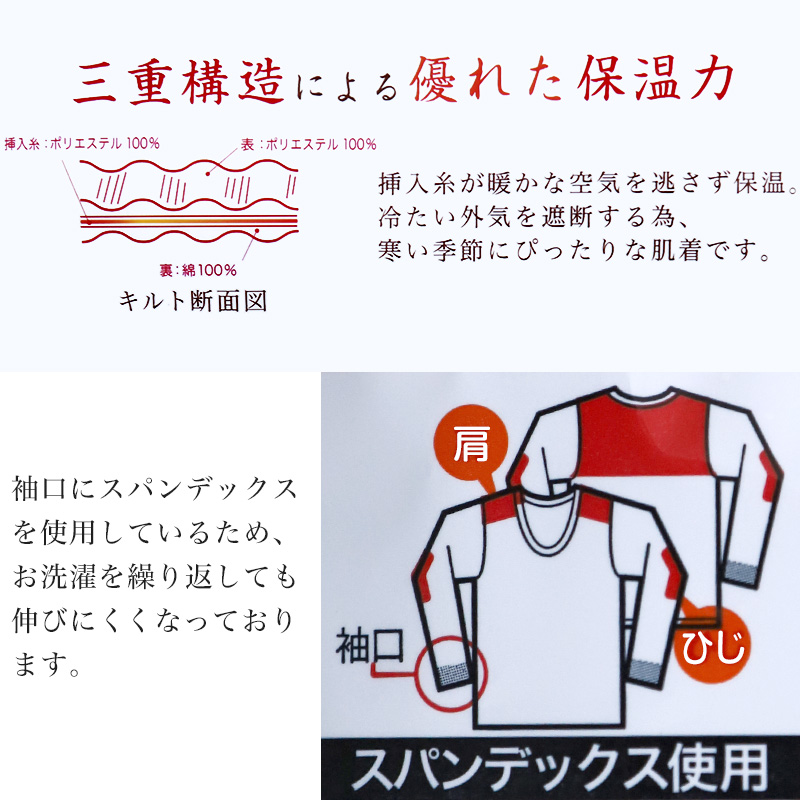 メンズ インナー 長袖シャツ 長袖インナー キルト あたたかい 当て布付き 肌着 綿 保温 M～LL (紳士 下着 防寒 冷え防止 U首 M L  LL) (在庫限り)