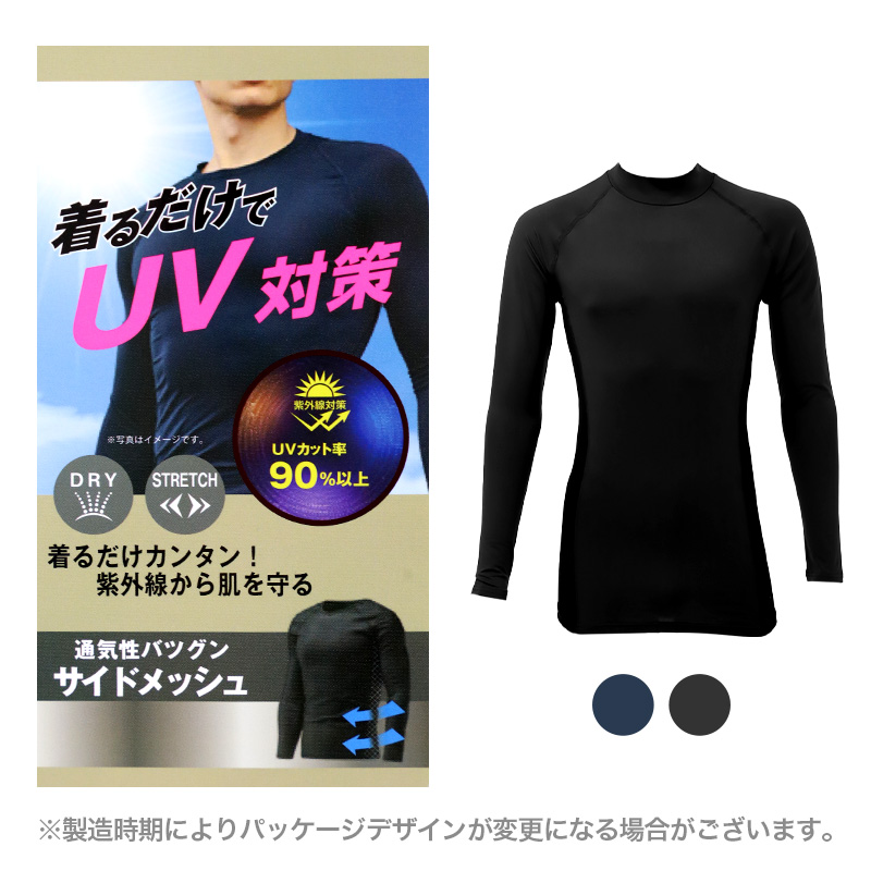 メンズ 長袖 丸首 インナー UVカット サイドメッシュ 速乾 M L LL ストレッチ 通気性 紫外線対策 長袖インナー アンダーシャツ メッシュ UV対策 作業着 スポーツ ドライ 吸汗速乾 ブラック ネイビー ワークインナー トレーニング 現場 作業用