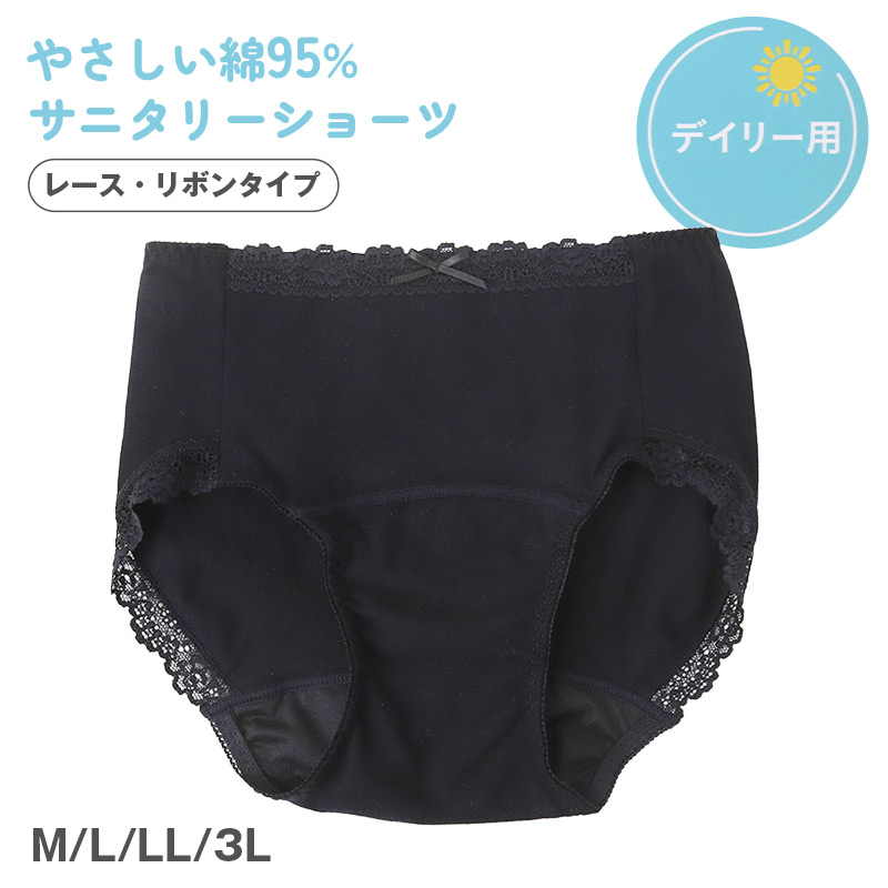 サニタリーショーツ 羽根つき デイリー用 1分丈 綿 コットン 下着 レディース ノンゴム M L LL 綿混 ショーツ サニタリー 生理用ショーツ 汚れが目立たない パンツ 無地 定番 紺 生理 肌に優しい