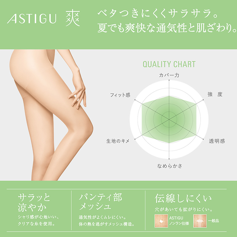 アスティーグ 爽 ストッキング レディース パンスト S-M～L-LL (ASTIGU パンティストッキング 婦人 サマーストッキング ベージュ 肌色 UVカット ベタつきにくい)