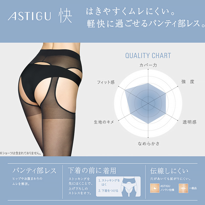 アスティーグ 快 ストッキング レディース パンティ部レス 蒸れにくい S-M～L-LL (パンスト ASTIGU パンティストッキング 婦人 サマーストッキング ベージュ 黒 UVカット)