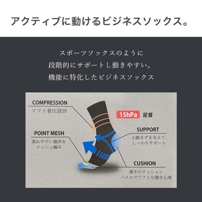 ビジネスソックス メンズ 着圧 クルーソックス 抗菌防臭 綿混 通気性 24-26cm 26-28cm メッシュ ソフト着圧 靴下 足首サポート ふくらはぎサポート かかとつま先補強 パイル 黒 紺 通勤 蒸れにくい 吸汗 ビジネス カジュアル オフィス