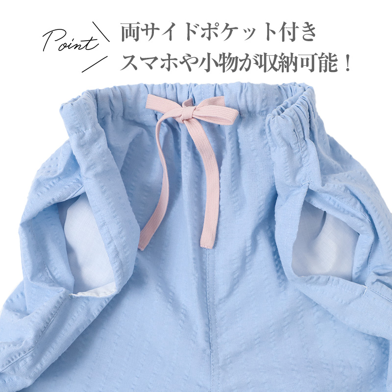 レディース ハーフパンツ 綿100 しじら ルームウェア 部屋着 パジャマ M L LL 下だけ ズボン 夏 涼しい 通気性 さらさら 肌に張り付かない ウエストゴム 紐付き ゴム取り替え口 膝丈 五分丈 女性 婦人 リラックス 寝間着 リラックスパンツ
