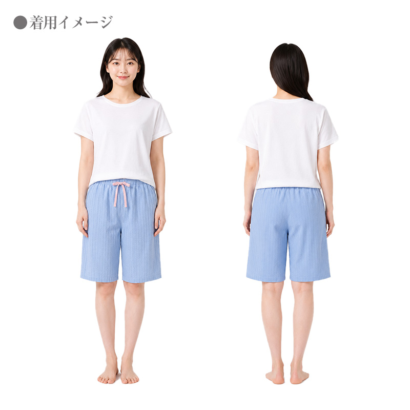 レディース ハーフパンツ 綿100 しじら ルームウェア 部屋着 パジャマ M L LL 下だけ ズボン 夏 涼しい 通気性 さらさら 肌に張り付かない ウエストゴム 紐付き ゴム取り替え口 膝丈 五分丈 女性 婦人 リラックス 寝間着 リラックスパンツ