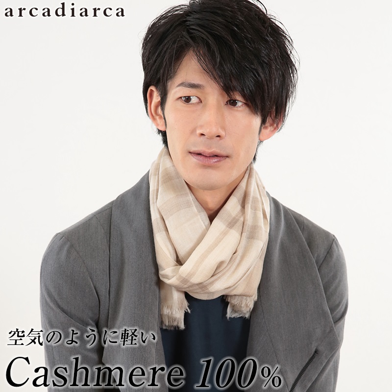 カシミヤ100% チェック柄 エアカシミヤストール メンズ フリーサイズ (カシミヤ ストール カシミア マフラー チェック 男 防寒 カシミヤ100 薄手 ギフト プレゼント arcadiarca) (送料無料) (在庫限り)
