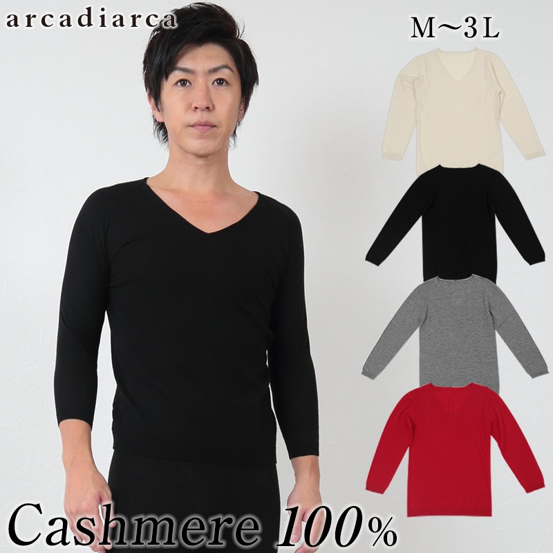 アルカディアルカ arcadiarca カシミヤ100% メンズ 9分袖V首シャツ M～3L (バレンタイン アルカディアルカ カシミア100% 紳士 男性 大きいサイズあり ファッション カシミヤ インナー 下着 長袖シャツ Vネック Ｖ首 九分袖 ギフト L LL) (送料無料) (在庫限り)