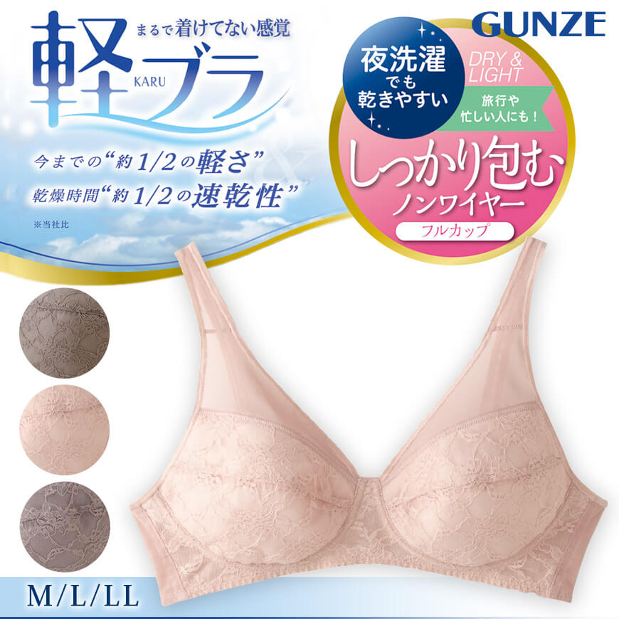 グンゼ ノンワイヤーブラジャー ノンワイヤーブラ フルカップ ブラジャー 夏用 M～LL 軽ブラ GUNZE 下着 女性 薄い 軽い 速乾 レディース インナー ワイヤーなし 大きいサイズあり 楽 締め付けない