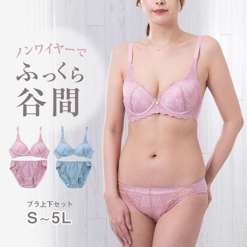 ノンワイヤーブラ ショーツ 上下セット S ~ 5L ブラジャー レディース 下着 セットアップ インナー レース かわいい ワイヤレス 補整下着 痛くない 大きいサイズ 楽ちん