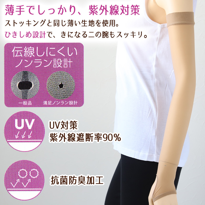 満足 ひきしめアームカバー フリーサイズ (親指穴付き UV ストッキング 伝線しにくい ロング 紫外線カット 紫外線対策 UV対策 日本製 ひきしめ) (在庫限り)