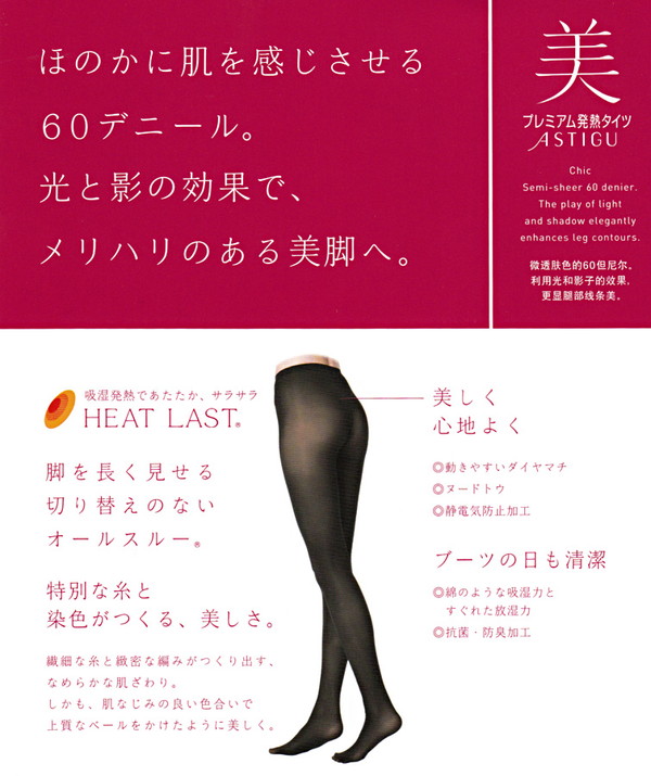 アツギ アツギ ASTIGU 美 60デニール プレミアム発熱タイツ S-M～L-LL (アツギ ATSUGI ASTIGU atsugi 発熱 ベージュ チョコレート チャコール ストッキング 暖かい 防寒) (在庫限り)