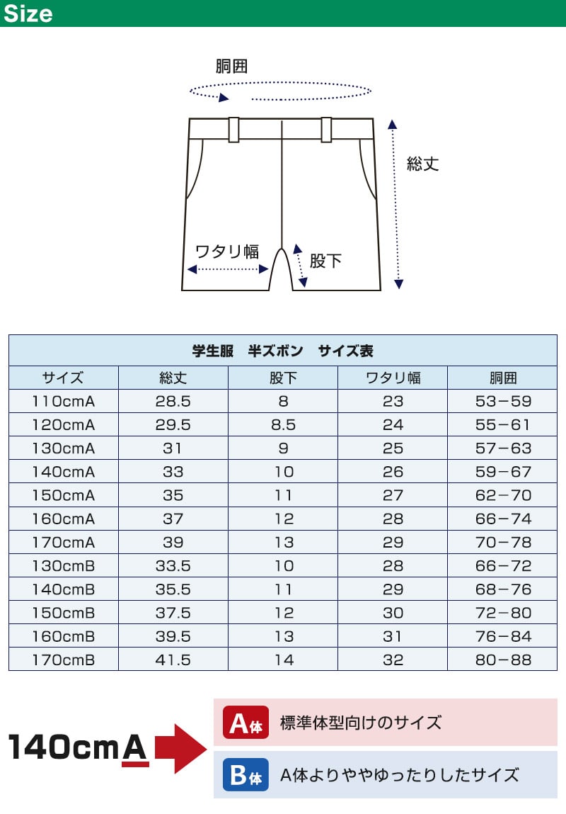 学生服 ズボン 夏用 男子 半ズボン 3分丈 紺 110cmA～170cmB (制服 夏ズボン ワンタック ノータック 小学生 男の子) (取寄せ)