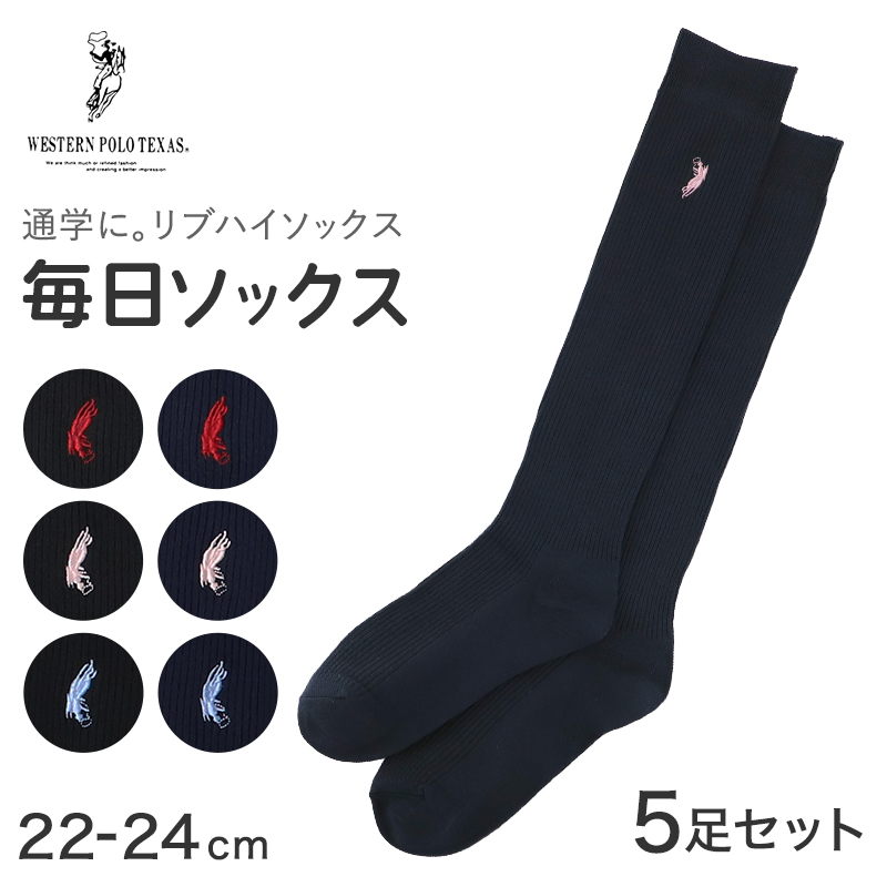 スクールソックス ハイソックス リブ レディース 黒 紺 22-24cm ワンポイント 刺繍 靴下 女子 中学生 高校生 通学 学校 22cm 23cm 24cm WESTERN POLO TEXAS
