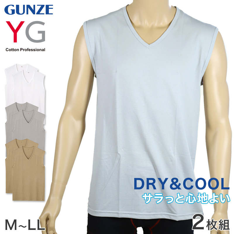 グンゼ YG DRY&COOL Vネックスリーブレスシャツ 2枚組 M～LL (GUNZE DRY&COOL Tシャツ 男性 紳士 インナーシャツ インナーウェアー 夏 吸汗速乾 ムレ緩和 抗菌防臭 消臭 M L LL) (在庫限り)