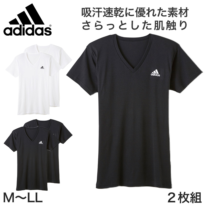 アディダス tシャツ メンズ クルーネック 半袖 インナー 2枚組 M~LL (シャツ 2枚セット 綿混 adidas グンゼ ストレッチ 丸首 速乾 ドライ 白 黒) (在庫限り)