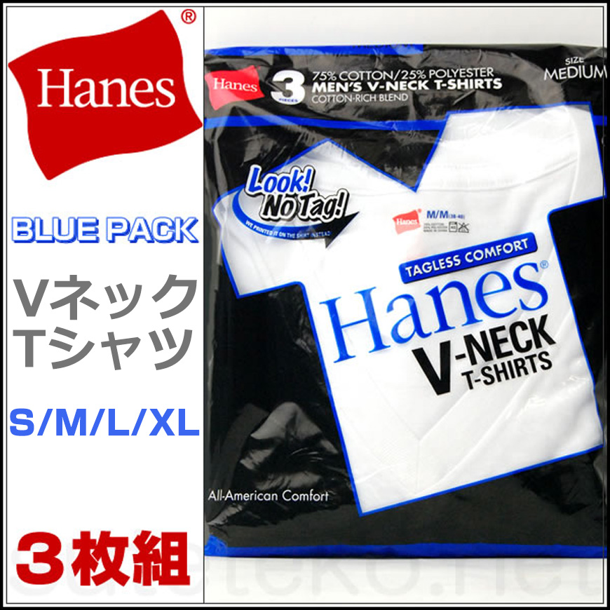 ヘインズ コットン VネックTシャツ 3枚組 XS～XL (下着 綿 メンズ tシャツ 肌着 半袖 V首 インナー 男性 hanes SS LL 青 ブルー)