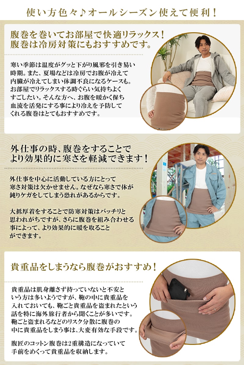 Suteteko メンズ 純毛100% タイコ型腹巻 二重タイプ M～LL (男性 腹巻き ハラマキ はらまき 防寒グッズ あったかグッズ 寒さ対策 プレゼント 大きいサイズあり 冷え対策 冷え性 オールシーズン)