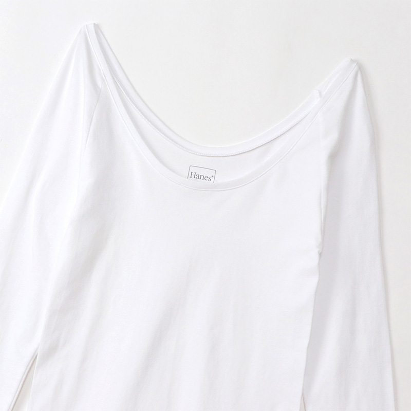 ヘインズ インナー レディース 長袖 シャツ 襟ぐり 広め フリーサイズ (下着 tシャツ 9分袖 白 黒 無地 綿混 コットン ストレッチ hanes) (在庫限り)