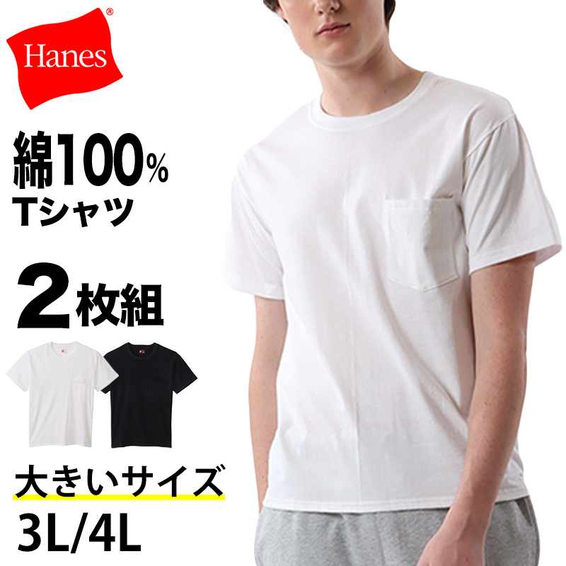 ヘインズ Tシャツ 綿100% メンズ 2枚組 白 黒 ポケット付き ビジネス ビジカジ魂 インナー スーツ カジュアル 抗菌防臭 3L-4L (Hanes 3L 4L 男性 紳士 下着 カジュアル オフィス スマート フォーマルカジュアル)