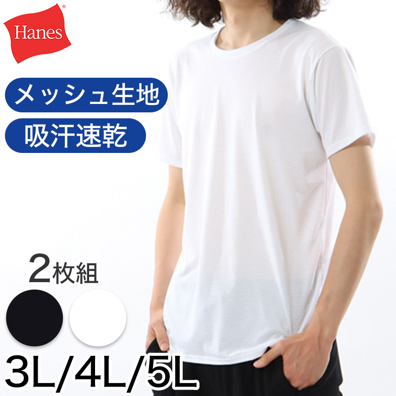 ヘインズ メンズ 半袖 Tシャツ 2枚組 3L～5L (インナーシャツ 大きいサイズ 3l 4l 5l 下着 白 無地 肌着 インナー シャツ メッシュ クルーネック hanes)