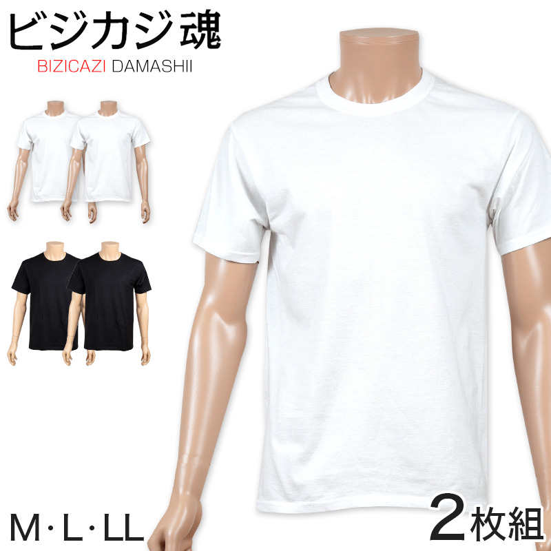 ヘインズ ビジカジ魂 クルーネックTシャツ 2枚組 M～LL (Hanes BIZICAZI DAMASHII メンズ 綿100% 白 黒) (在庫限り)