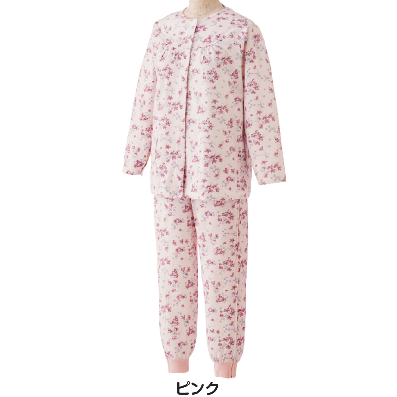 婦人 ワンタッチテープ＋腰開きパジャマ 上下セット M～LL (レディース 綿混 ワンタッチテープ マジックテープ式 おむつ交換 介護)（送料無料） (取寄せ)