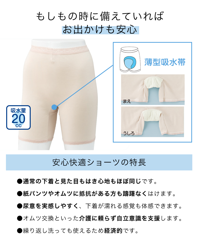 Suteteko 婦人 20cc対応 安心快適3分丈ショーツ M~LL (軽失禁 尿漏れ レディース パンティー 失禁パンツ 失禁ショーツ 吸水 保湿) (取寄せ)