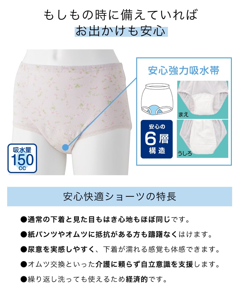 Suteteko 婦人 50cc対応 安心快適ショーツ S~LL (中失禁 尿漏れ レディース パンティー 失禁パンツ 失禁ショーツ 吸水 綿100%) (取寄せ)