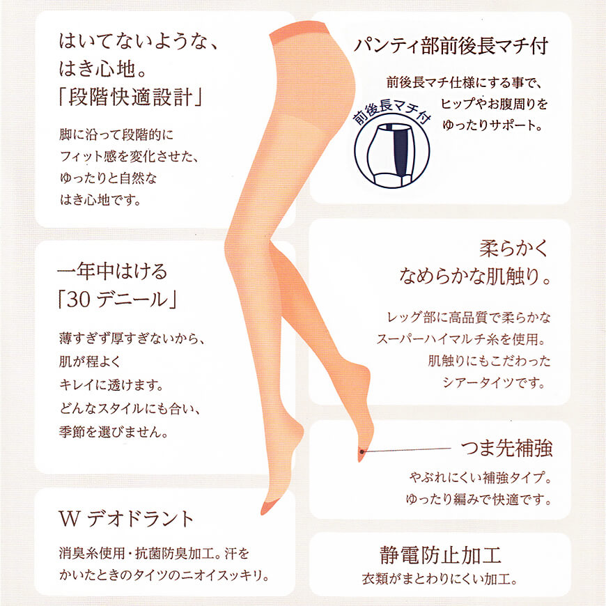 福助 満足 ほどよい透け感 30デニール シアータイツ もっとゆったりサイズ 3足セット JJM-L (フクスケ 満足 レディース ストッキング 30D) 【在庫限り】