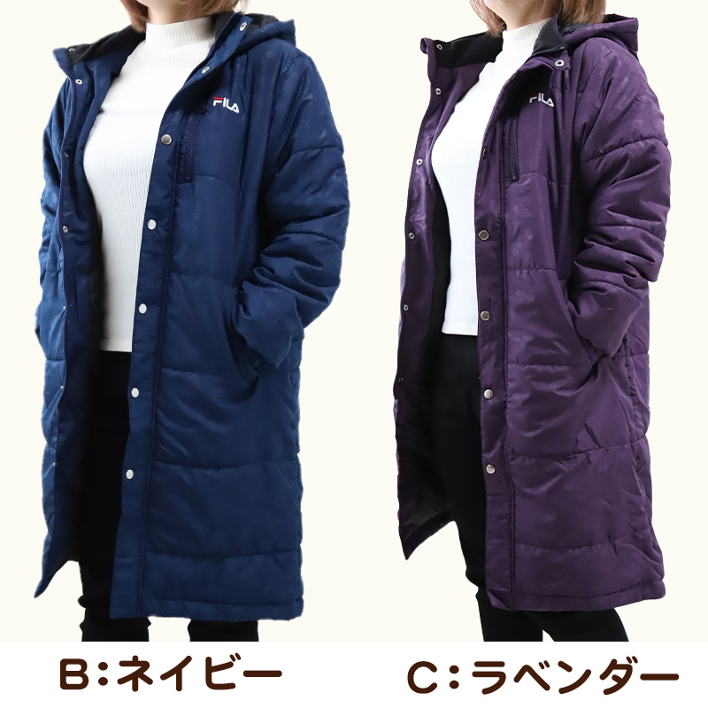 ベンチコート レディース おしゃれ FILA M~LL (中綿コート スポーツウエア フィラ 花柄 エンボス 暖かい 女性 冬 フード付き ハーフ 防寒着 コート) (送料無料)