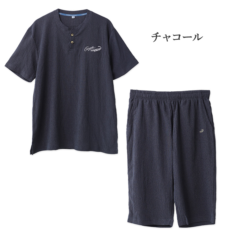 メンズ パジャマ 半袖 ハーフパンツ クロコダイル 綿100％ 楊柳 クレープ M L LL 先染め Tスーツ 上下セット ヘンリーネック 夏 春夏 涼しい さらっと 肌離れ ゆったり 綿 コットン 部屋着 ルームウェア 寝間着 紳士 男性 父の日 ギフト