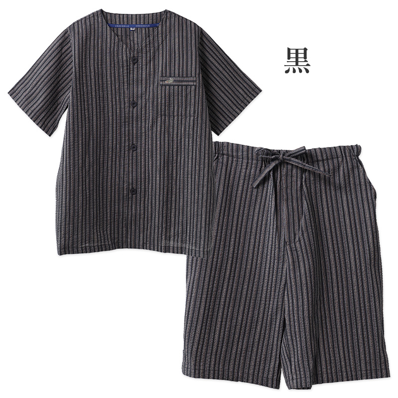 メンズ パジャマ 半袖 ハーフパンツ クロコダイル ニット楊柳 クレープ M L LL Tスーツ 上下セット ヘンリーネック 夏 春夏 涼しい さらっと 肌離れ ゆったり 軽い 部屋着 ルームウェア 寝間着 紳士 男性 父の日 ギフト 半ズボン 夏用 リラックス