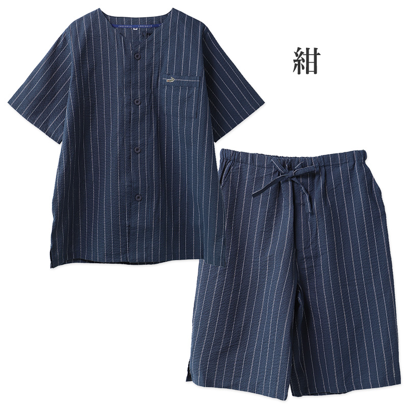メンズ パジャマ 半袖 ハーフパンツ クロコダイル ニット楊柳 クレープ M L LL Tスーツ 上下セット ヘンリーネック 夏 春夏 涼しい さらっと 肌離れ ゆったり 軽い 部屋着 ルームウェア 寝間着 紳士 男性 父の日 ギフト 半ズボン 夏用 リラックス