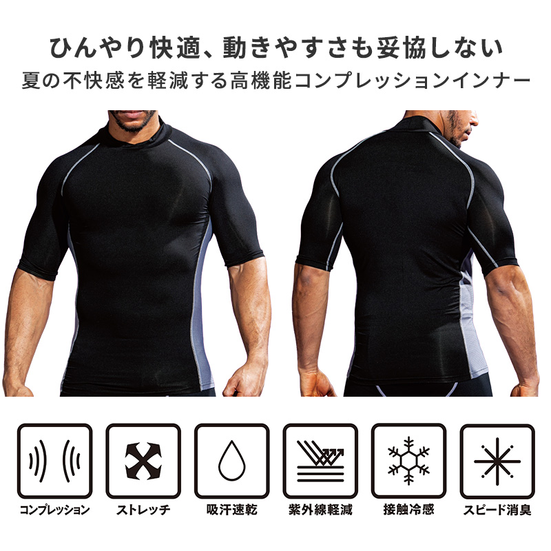 冷感 インナー メンズ 長袖 コンプレッション ハイネック 接触冷感 消臭 S M L LL 3L 4L 5L 吸汗速乾 ストレッチ ドライ サイドメッシュ クルーネック シャツ スポーツ 作業着 春 夏 涼しい 下着 速乾 アンダーシャツ 消臭インナー 男性用 伸縮