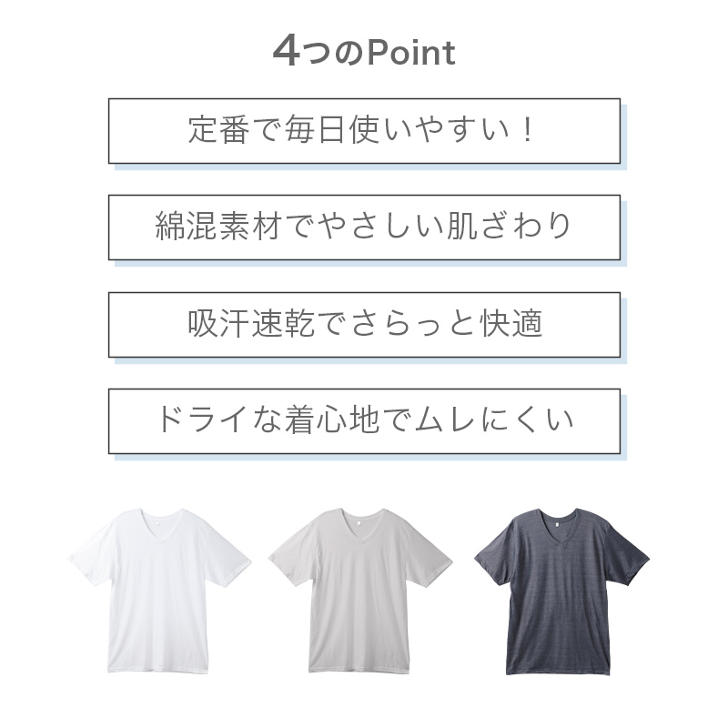 メンズ インナー 半袖 丸首 Tシャツ 綿混 ドライ 吸汗速乾 肌着 下着 M L LL さらっと 白 グレー チャコール 紳士 男性 クルーネック 春 夏 綿混インナー ドライインナー 速乾インナー 汗対策 ムレにくい 運動 スポーツ ランニング ジョギング