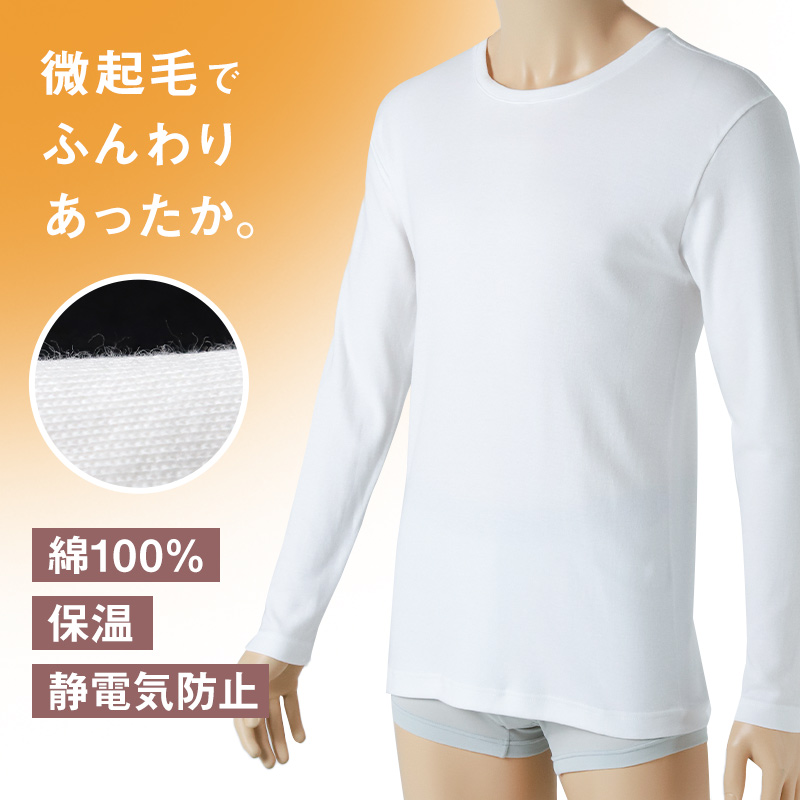 綿100％ 半袖 シャツ 秋冬 保温 メンズ あったかインナー 丸首 M L LL 裏微起毛 薄手 シャツ インナー 防寒 ストレッチ あたたかい 暖かい 温活 あったか 下着 静電気防止 男性 紳士 肌着