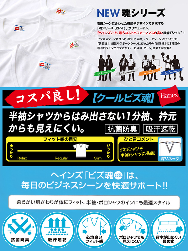 ヘインズ シャツ クールビズ魂 メンズ 深Vネック 1分袖シャツ 2枚組 COOL M〜LL (Hanes BIZ DAMASHII COOL 1分袖 抗菌防臭 吸汗速乾 心地よいフィット感 ポロシャツでも見えにくい 背中が出にくい長め丈 深V)